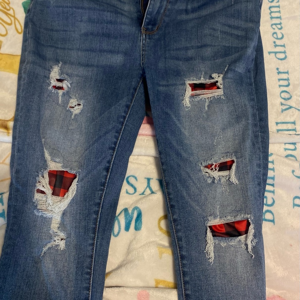 Judy Blue Medium Blue Skinny Jeans with Red Plaid Patch